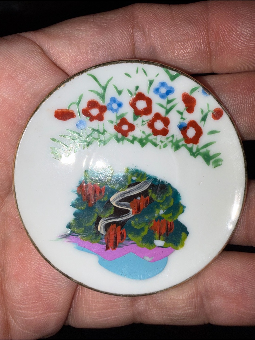 Decorative Ceramic Mini Plate with Red Floral Accent